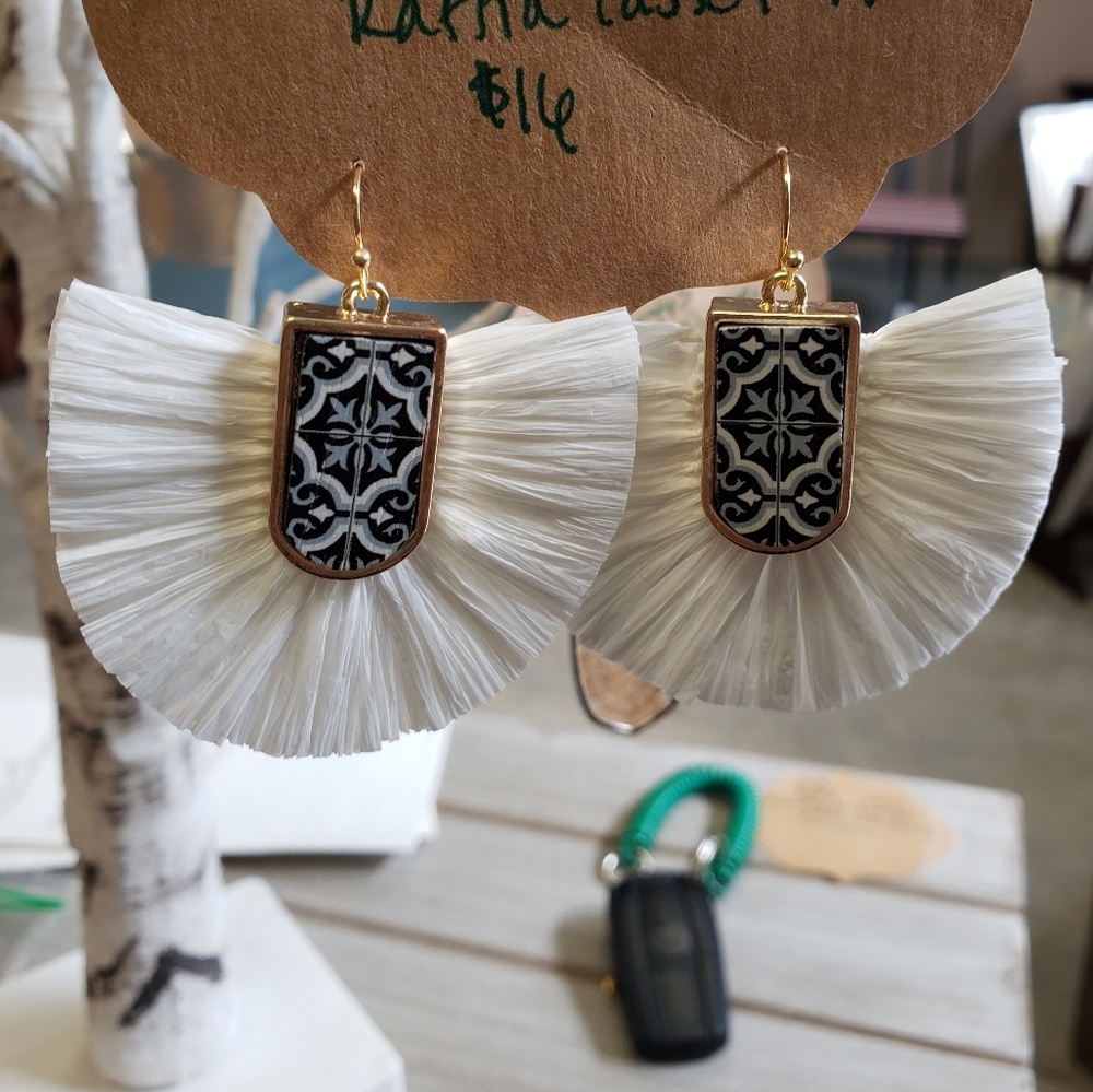 White Raffia Tassel Earrings